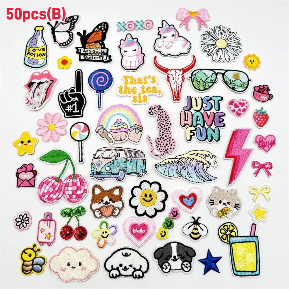 A collection of assorted cartoon embroidery patches featuring various animals, food items, and objects for DIY projects.