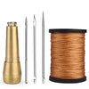 A set of leather sewing awls and a spool of brown waxed thread on a black base.
