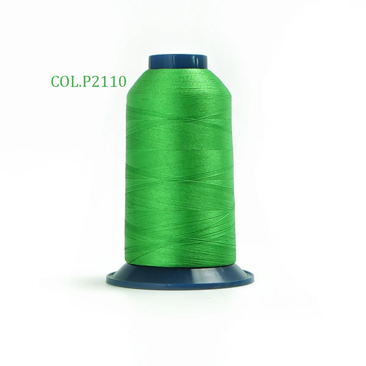 A spool of bright green embroidery thread labeled COL.P2110 on a white background.
