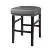 A dark brown wooden bar stool with a gray upholstered seat and backrest.