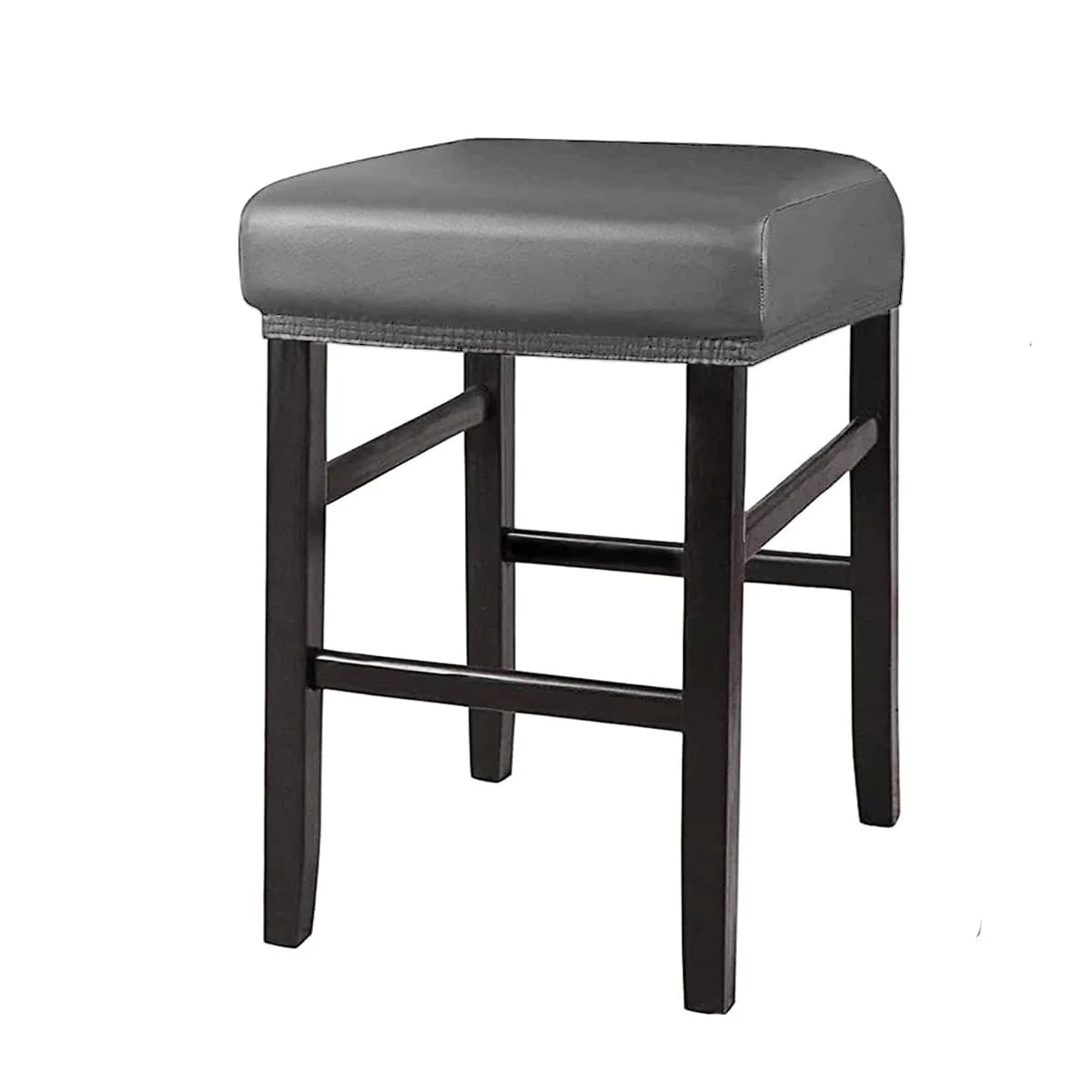 A dark brown wooden bar stool with a gray upholstered seat and backrest.