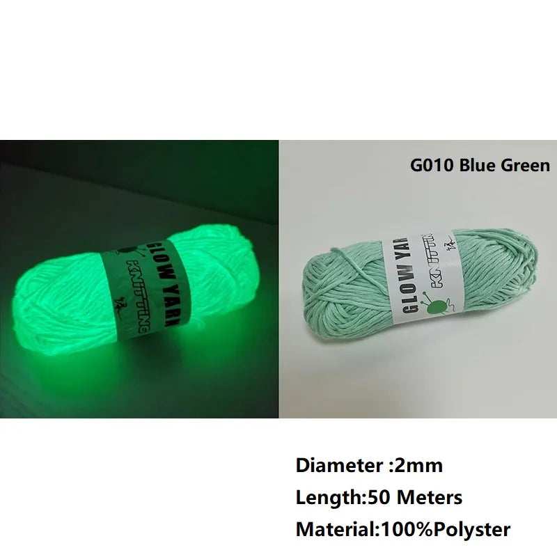 A spool of G010 Blue Green glow-in-the-dark polyester yarn with a diameter of 2mm and a length of 50 meters.