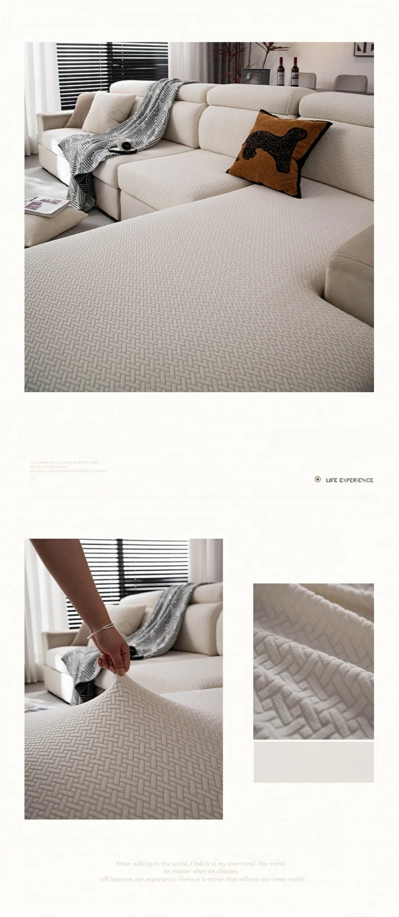 A light beige stretchy polar fleece sofa cover draped over a modern sectional sofa with a patterned throw pillow.