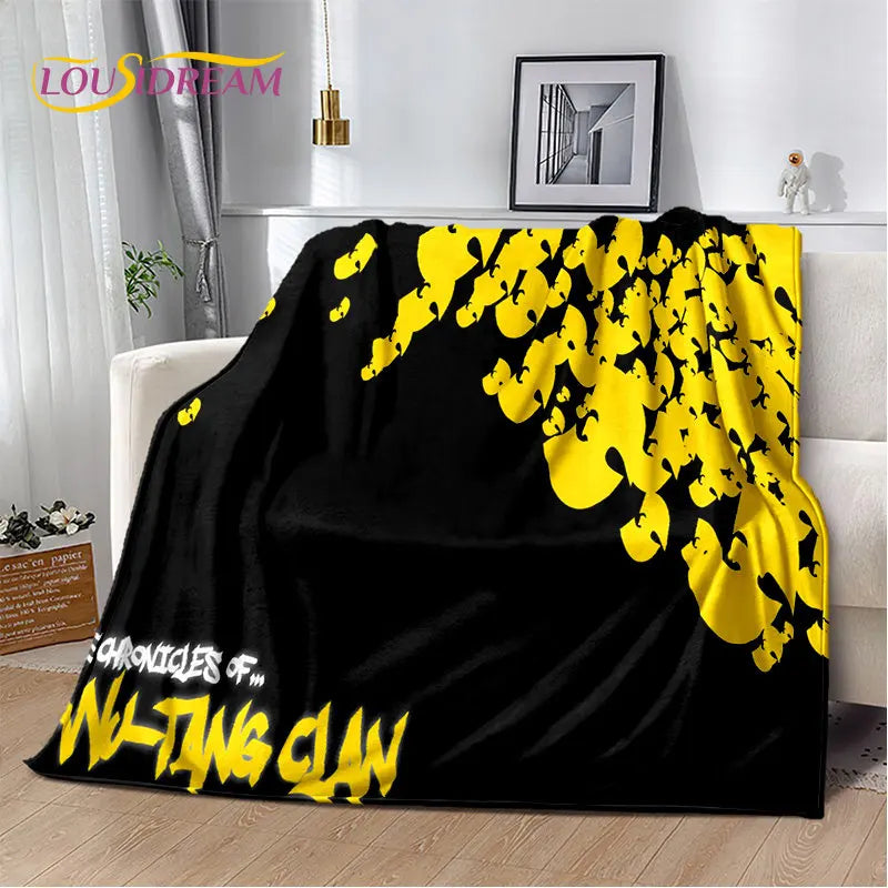 Black flannel throw blanket featuring a playful yellow animal print design