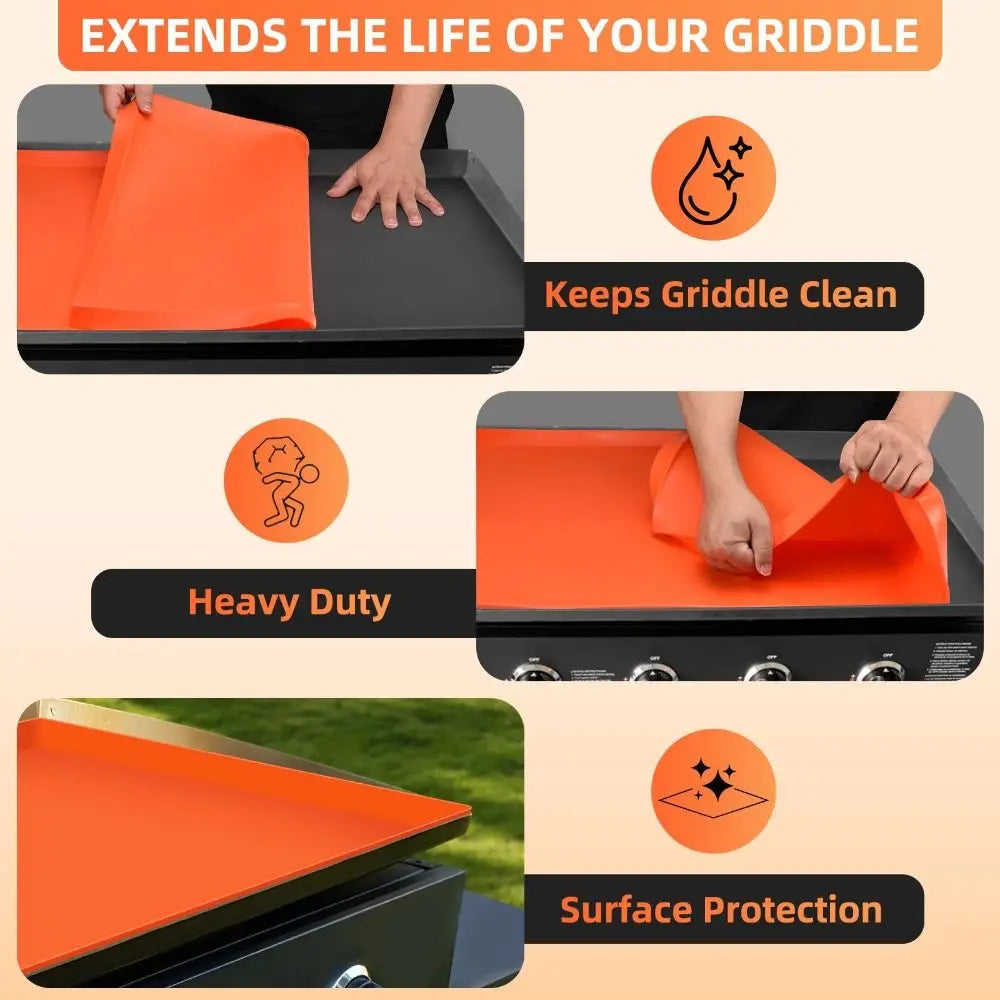 Orange silicone griddle mat cover shown in various uses, highlighting features like keeping the griddle clean and surface pro