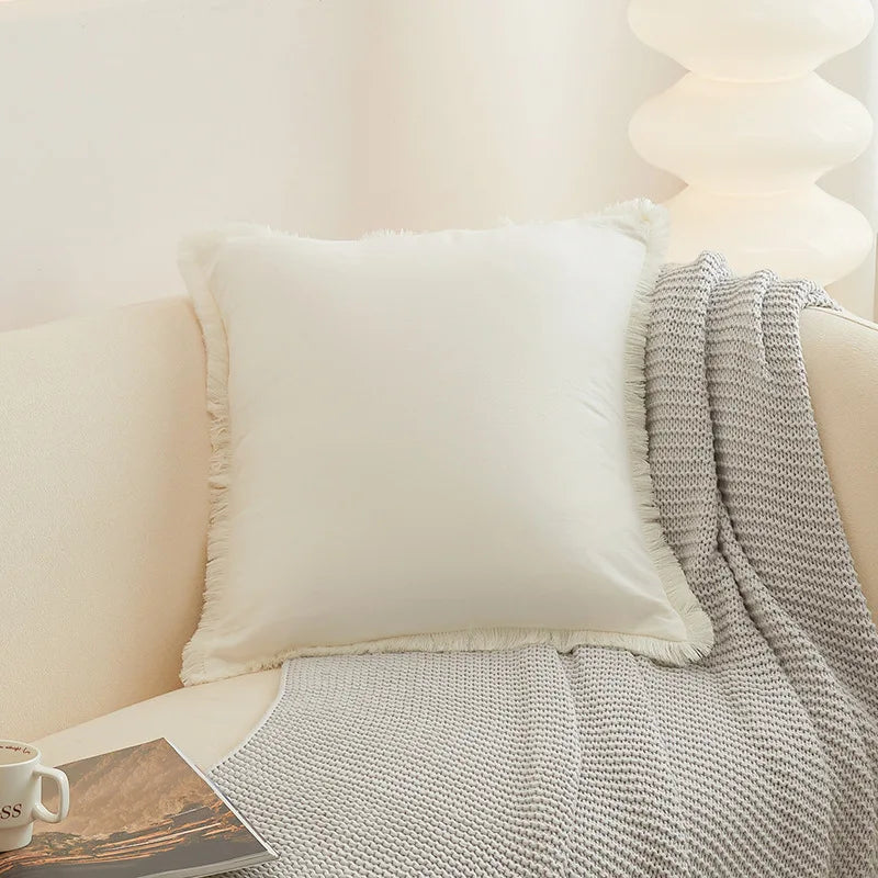 Washed Cotton Solid Cushion Cover with Tassel Fringe