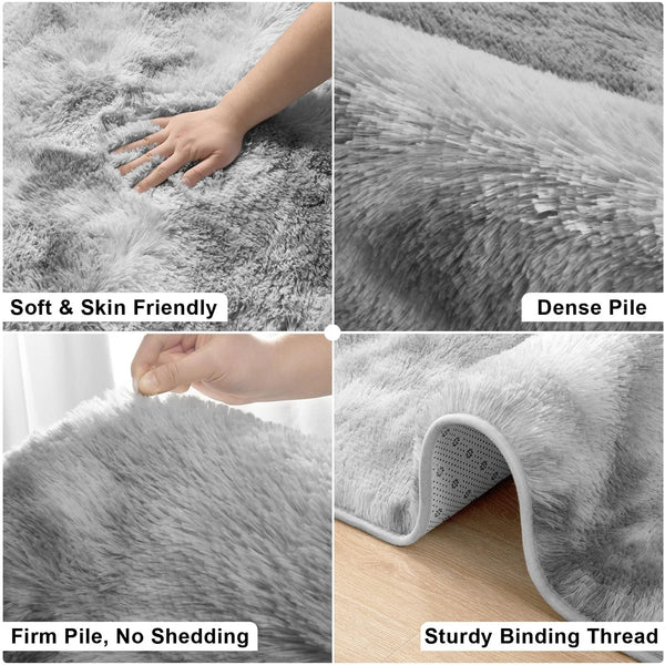 Close-up shots of a gray plush floor mat showing soft texture, dense pile, firm piling, and sturdy binding thread.