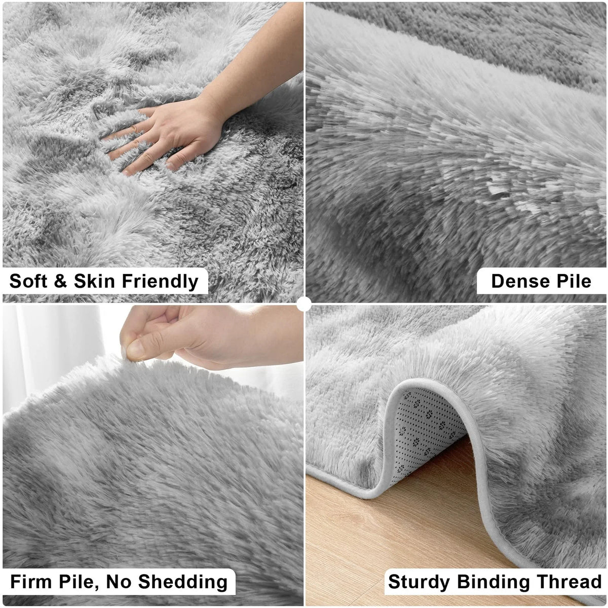 Close-up shots of a gray plush floor mat showing soft texture, dense pile, firm piling, and sturdy binding thread.
