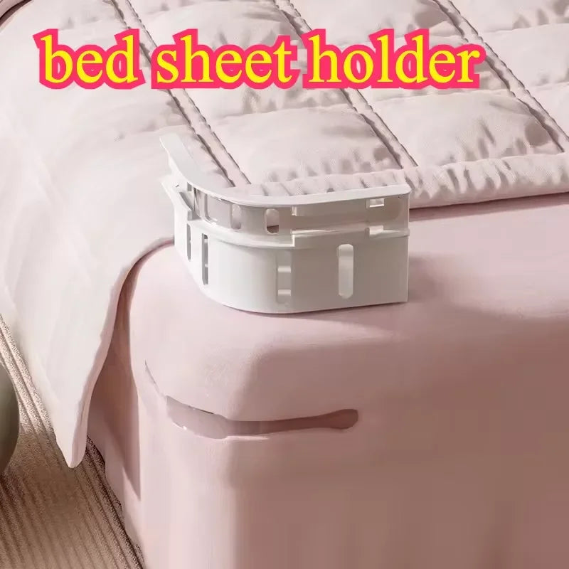 A white bed sheet holder is placed on a pink bed sheet.