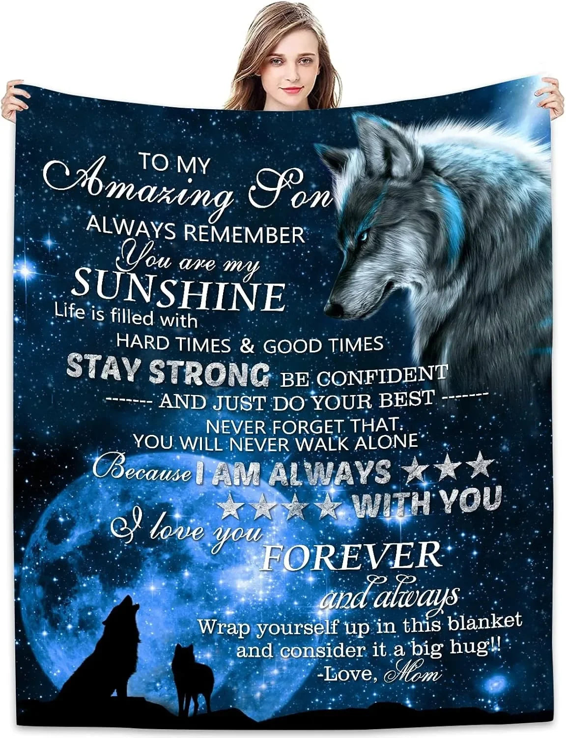 A dark blue blanket featuring a silhouette of a wolf and text encouraging strength and confidence for a son