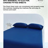 A deep blue fitted sheet is shown on a mattress, demonstrating the fitted style for a clean and easy fit.