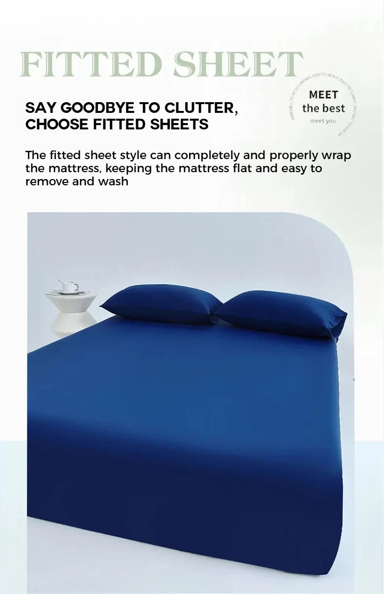 A deep blue fitted sheet is shown on a mattress, demonstrating the fitted style for a clean and easy fit.