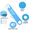 A blue sewing machine needle threader with a built-in scale, V-shaped slot, ergonomic grip, and magnifying glass.