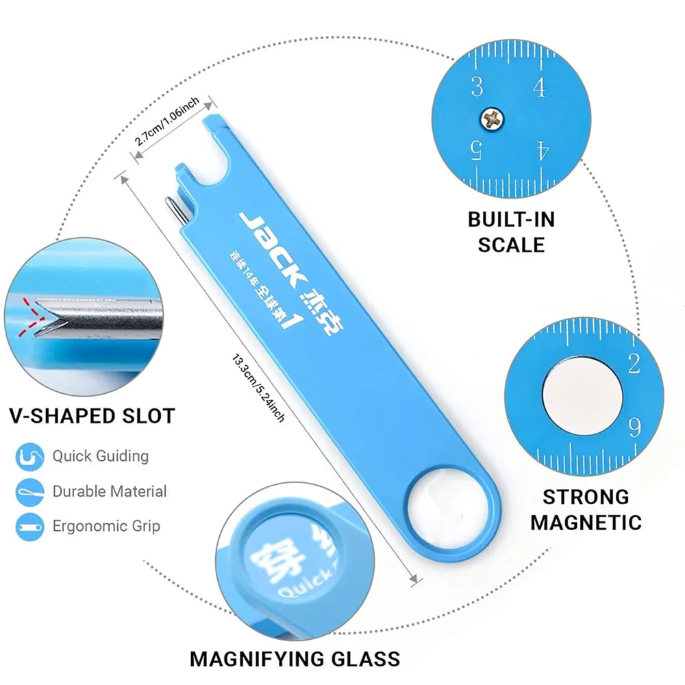 A blue sewing machine needle threader with a built-in scale, V-shaped slot, ergonomic grip, and magnifying glass.
