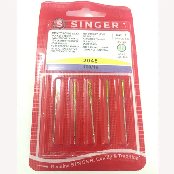 A package of 2045 Singer precision ball point sewing needles in a red plastic case.