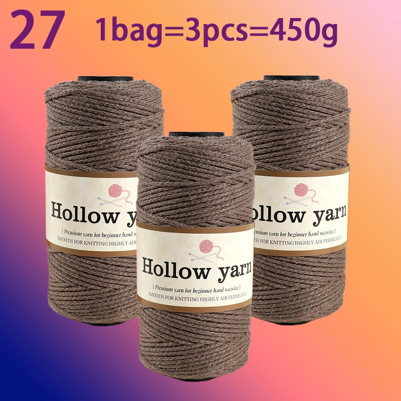 Three spools of Hollow yarn, each containing 27 skeins, totaling 450g for knitting and crochet.