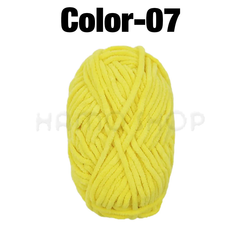A ball of bright yellow chenille yarn labeled Color-07 for crafting.