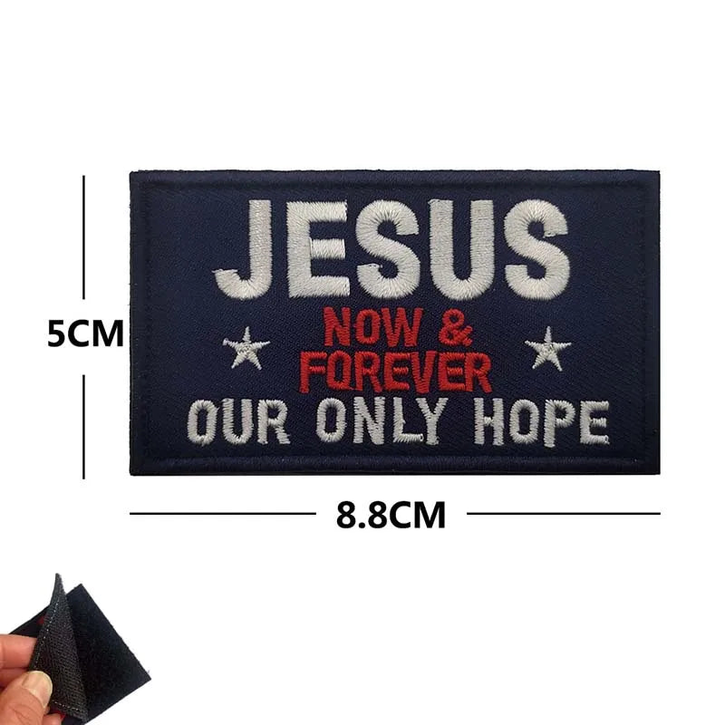 Navy embroidered patch featuring the text Jesus Now & Forever Our Only Hope with stars