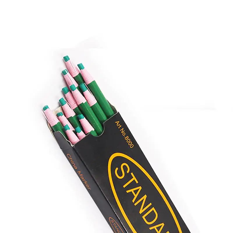 A set of pink and green erasable fabric chalk markers for sewing, packaged in a black holder.