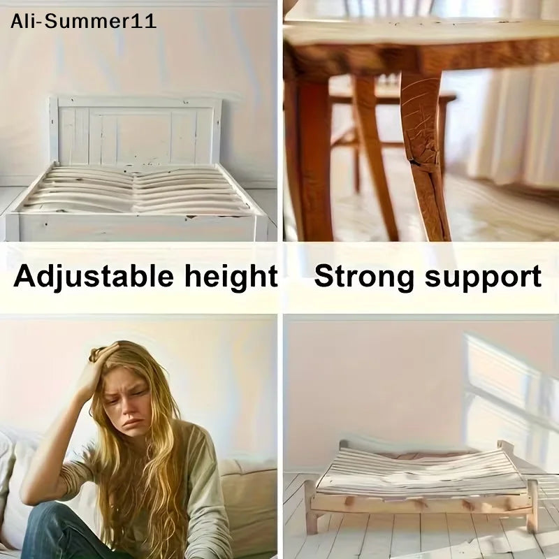 A wooden bed frame with adjustable height and strong support legs shown in different angles.