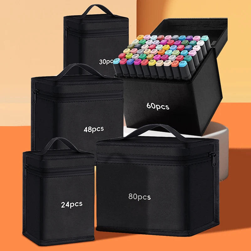 Black portable marker storage pouches of various sizes, including 24pcs, 48pcs, 60pcs, and 80pcs.