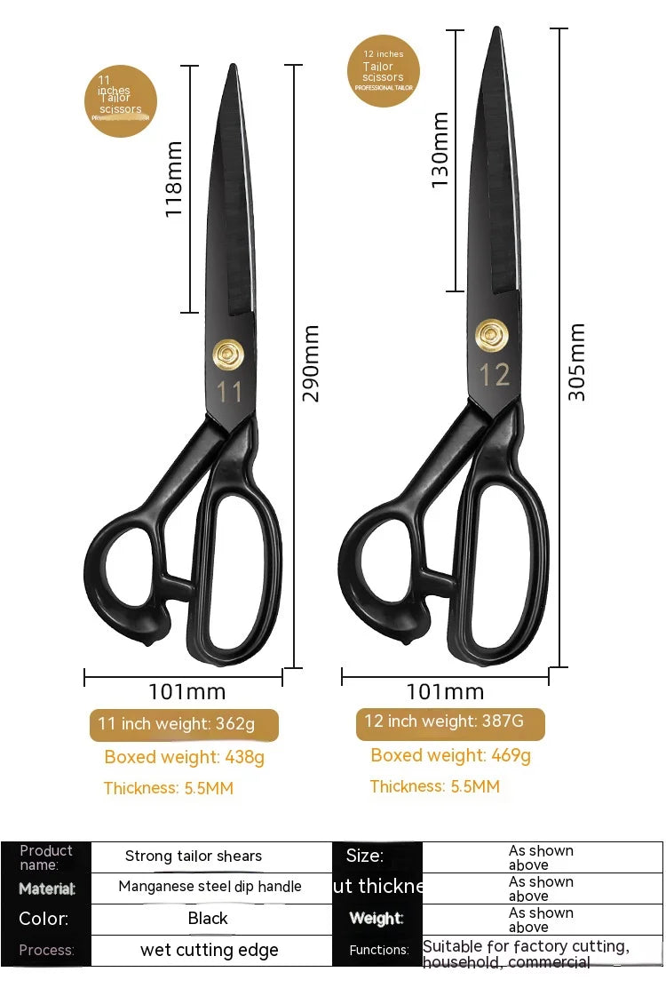 A pair of black heavy duty industrial tailor scissors with 11 and 12 inch blades shown against a white background.