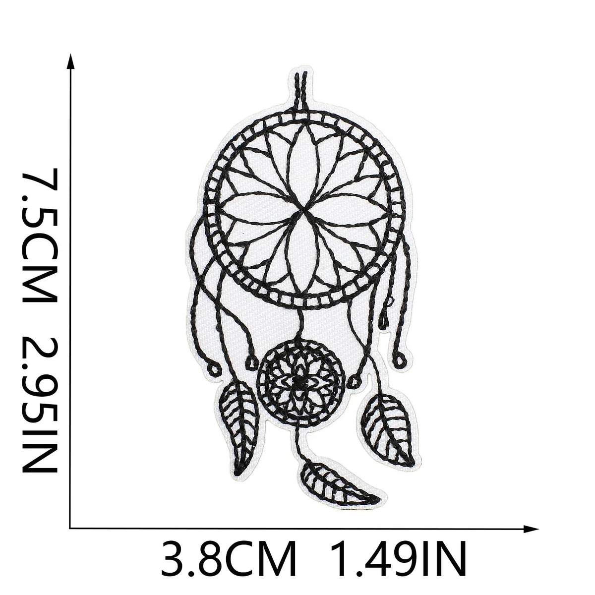 A circular embroidered patch design featuring intricate line work and dangling leaf elements.