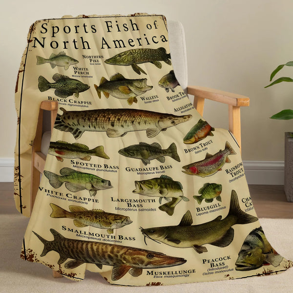 A flannel print throw blanket featuring illustrations of various North American fish species.