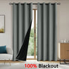 Gray blackout curtains hanging on a rod in a room with a glass door view