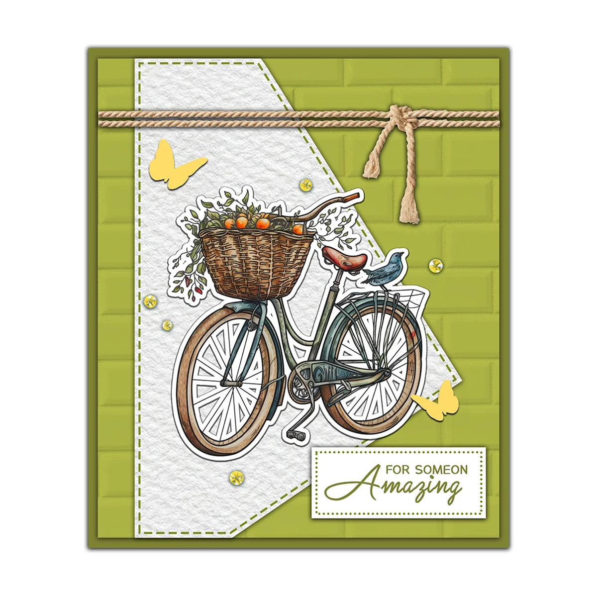A vintage bicycle with a basket of fruit and flowers is depicted on a green background.