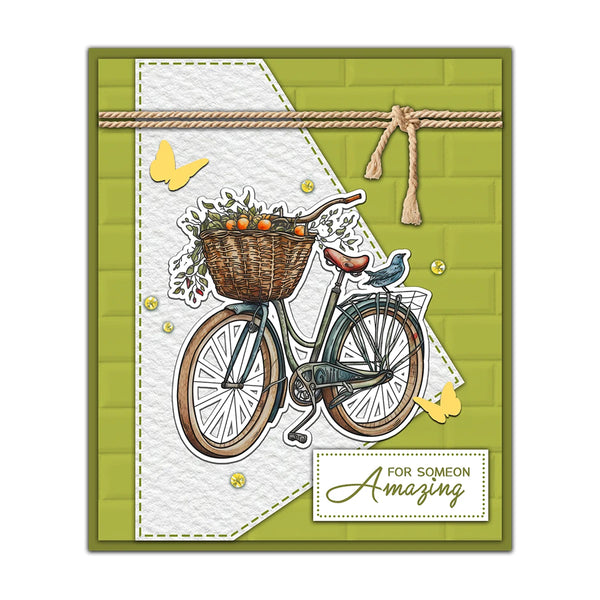 A vintage bicycle with a basket of fruit and flowers is depicted on a green background.