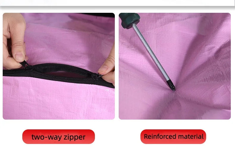 Close-up of a black two-way zipper on a pink fabric bag with a reinforced material detail.