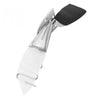 Silver adjustable curve edge bias binder tool with a black plastic tip for sewing machines