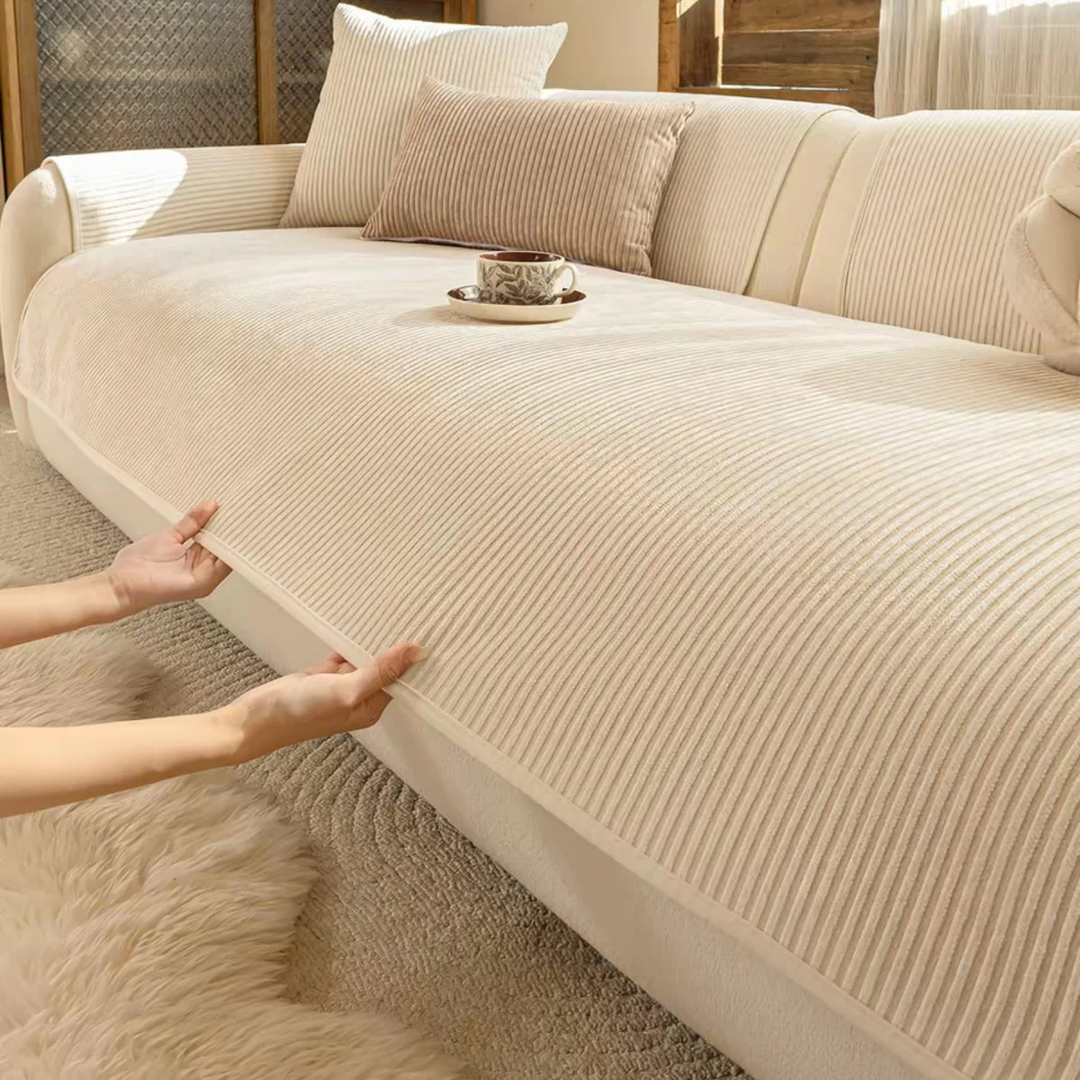 A beige striped chenille sofa cover with light cream pillows and a teacup resting on the cushion.