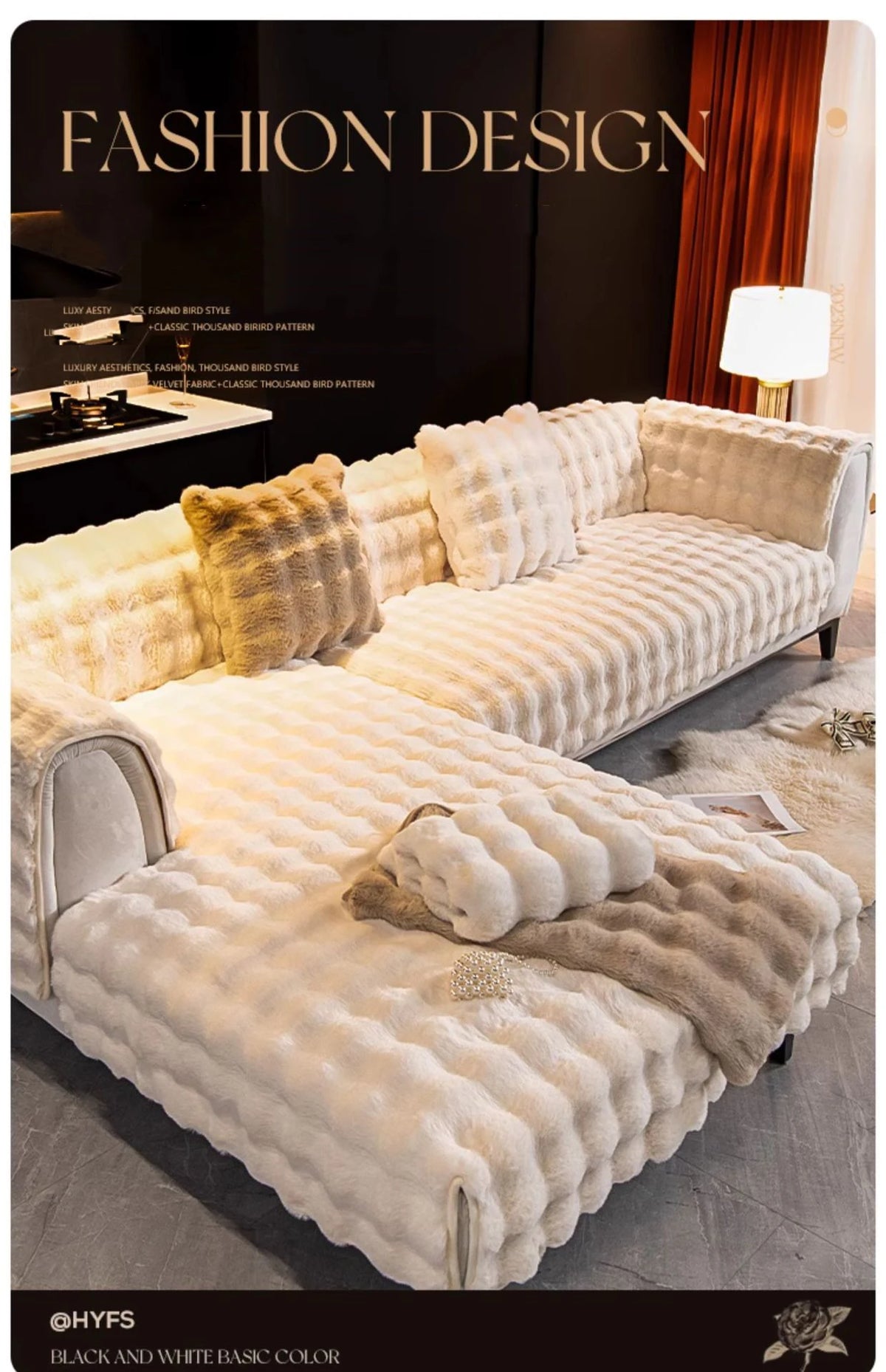 A cream colored plush velvet sofa cover with a quilted texture and light fur throw displayed in a modern interior.