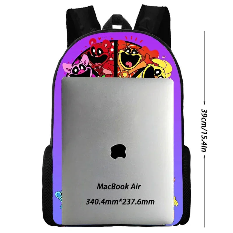 A laptop is placed inside a purple cartoon school backpack featuring colorful characters.