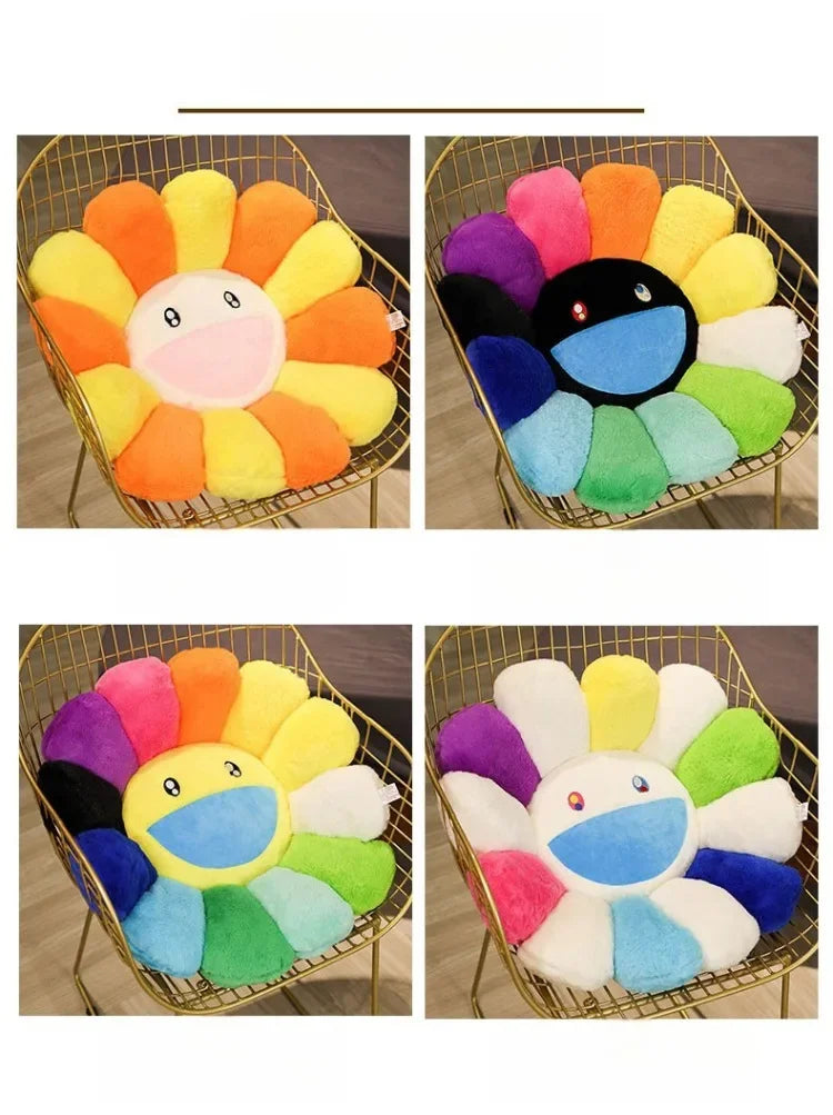 A set of cozy sunflower plush cushions featuring various pastel colors and a smiling face design.