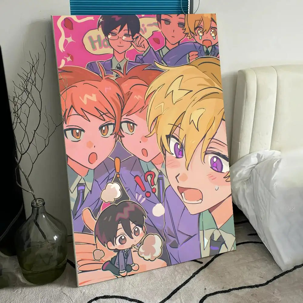 A colorful poster featuring anime characters from Ouran High School Host Club in a vibrant style.