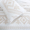 White Nordic cotton embroidered bedding set featuring geometric patterns and stitching.