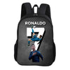 Black sports backpack featuring a graphic of a soccer player celebrating.