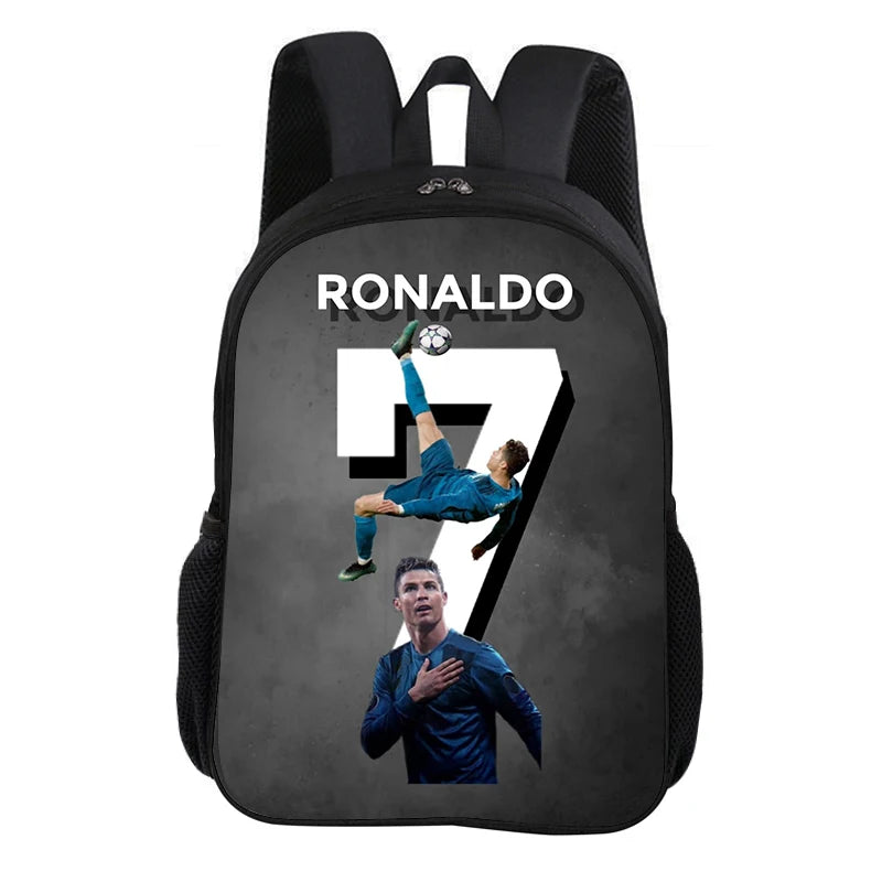 Black sports backpack featuring a graphic of a soccer player celebrating.