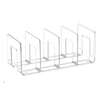 A clear plastic storage organizer with four vertical sections for organizing items.