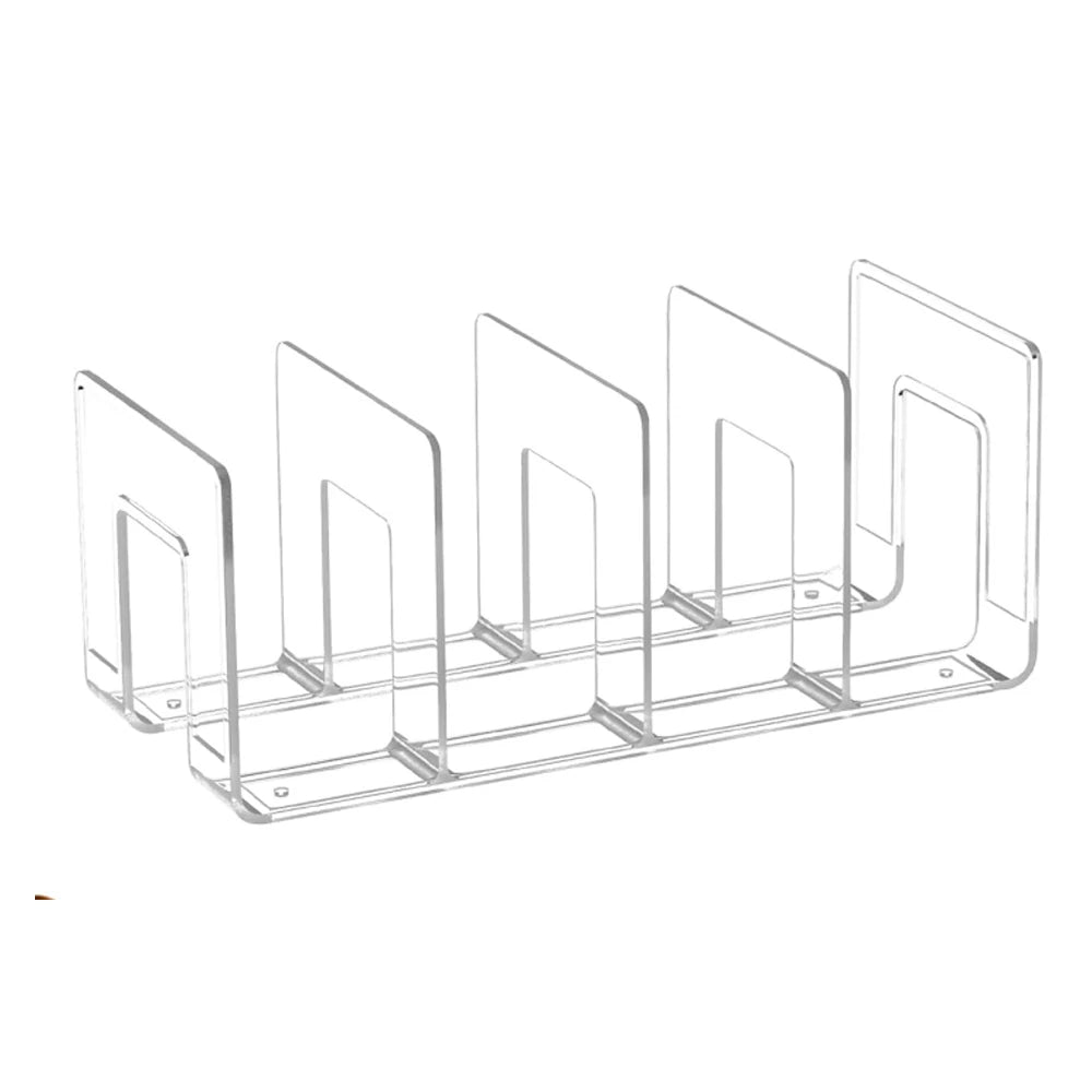 A clear plastic storage organizer with four vertical sections for organizing items.