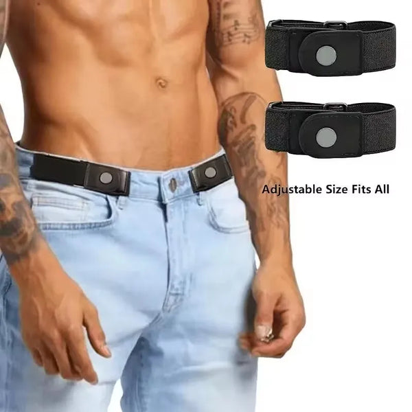 A person wearing blue jeans demonstrates adjustable stretch elastic belts for pants and jeans.