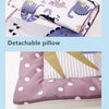 A detachable pillow and quilted mat set featuring various animal patterns in purple, white, and gray.