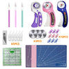 A set of 45mm rotary cutters, cutting mats, and craft accessories including various blades and a grid cutting mat.