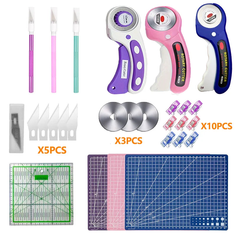 A set of 45mm rotary cutters, cutting mats, and craft accessories including various blades and a grid cutting mat.