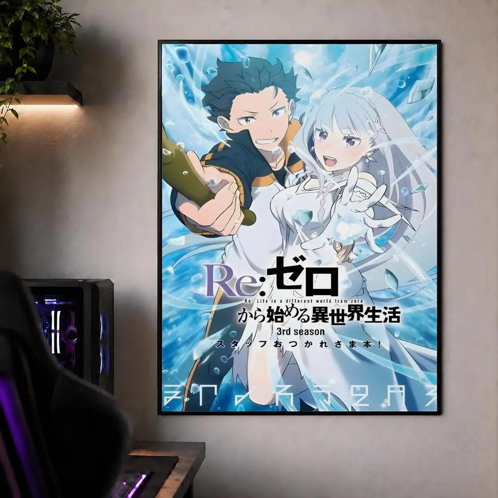 Anime poster featuring characters from Re:Zero in a dynamic blue and white style