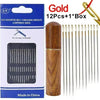 A box of 12 assorted self-threading stainless steel sewing needles with one box and a wooden storage tube.