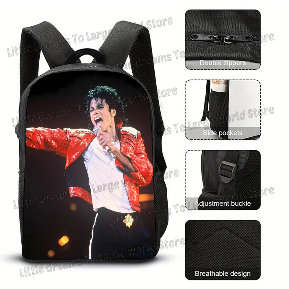 Black backpack featuring a graphic of a woman with red hair and a jacket on the front and side details.
